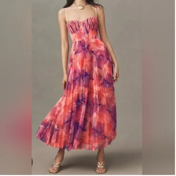 Anthropologie Hutch Costella Strapless Pleated Floral Tulle Midi Dress size 14 - Picture 1 of 9